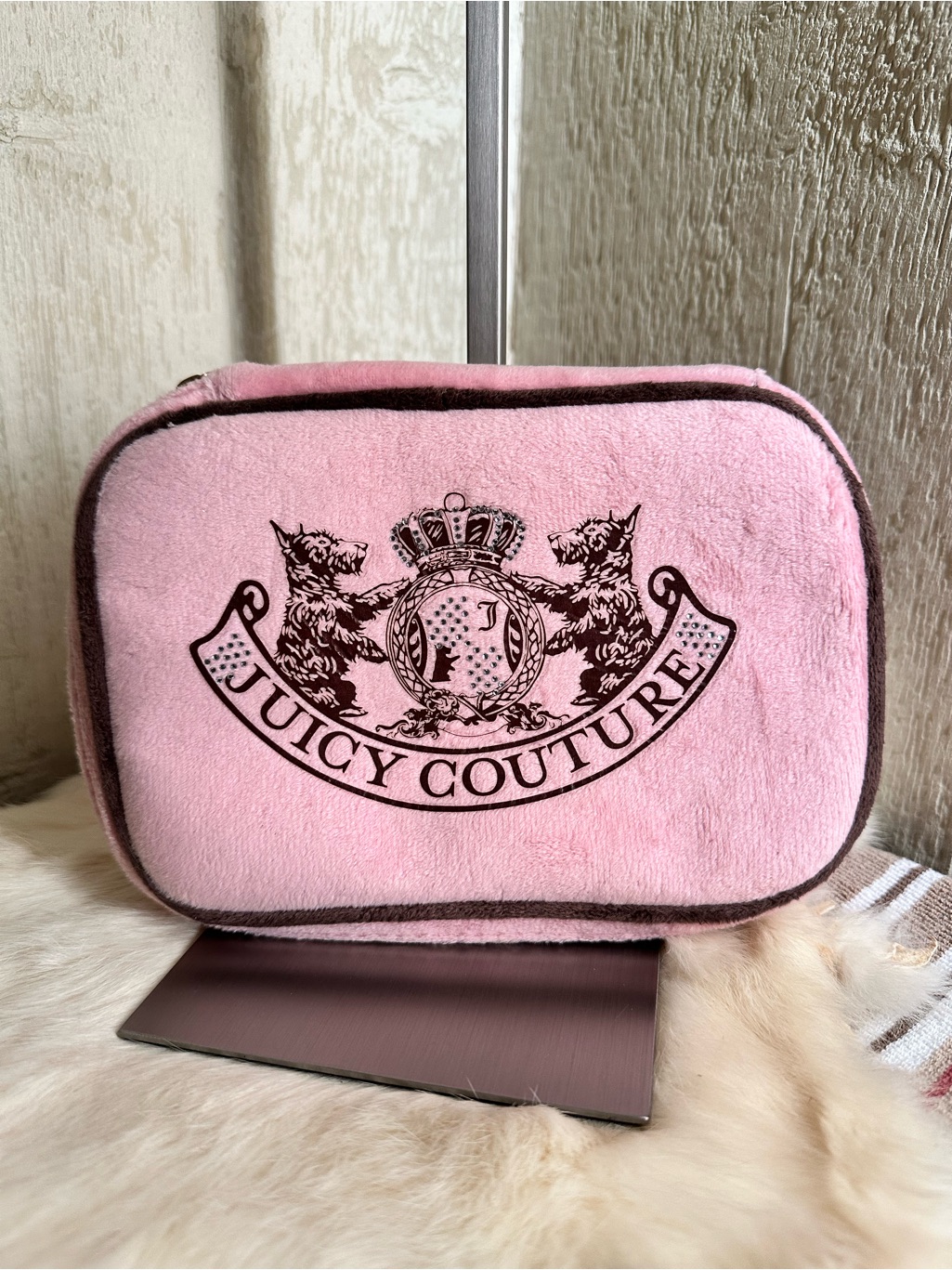 Juicy Couture Pink Plush Cosmetic Case With Chocolate Trim And Crest Logo